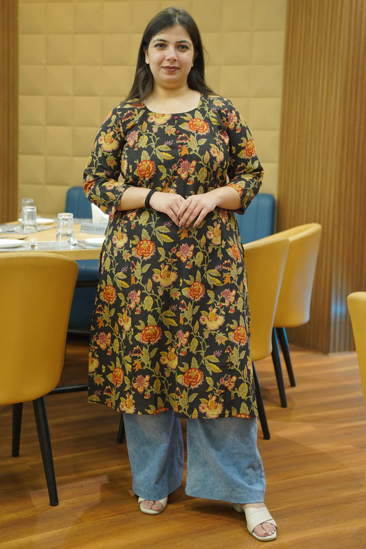 Earthy Black Block Cotton Kali Kurta