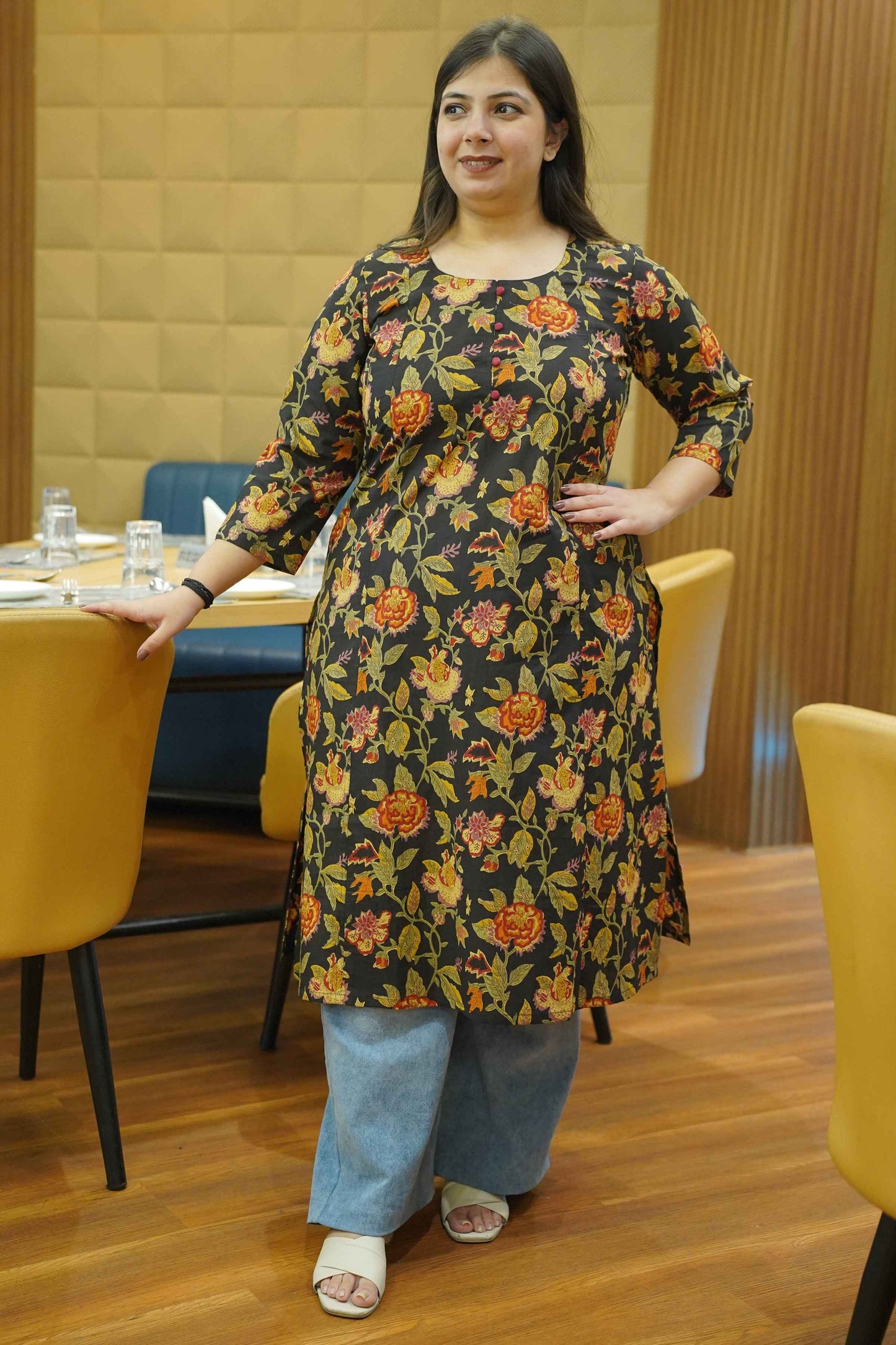 Earthy Black Block Cotton Kali Kurta