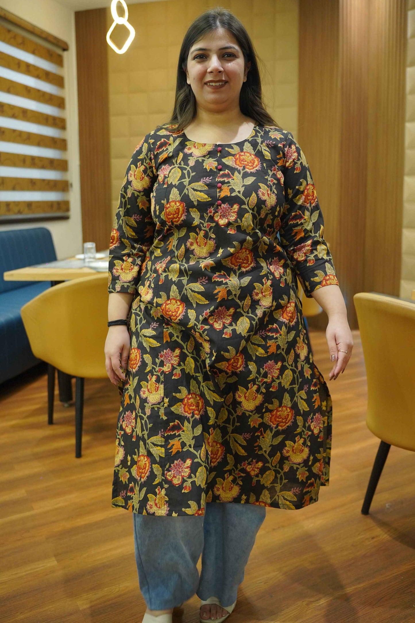 Earthy Black Block Cotton Kali Kurta