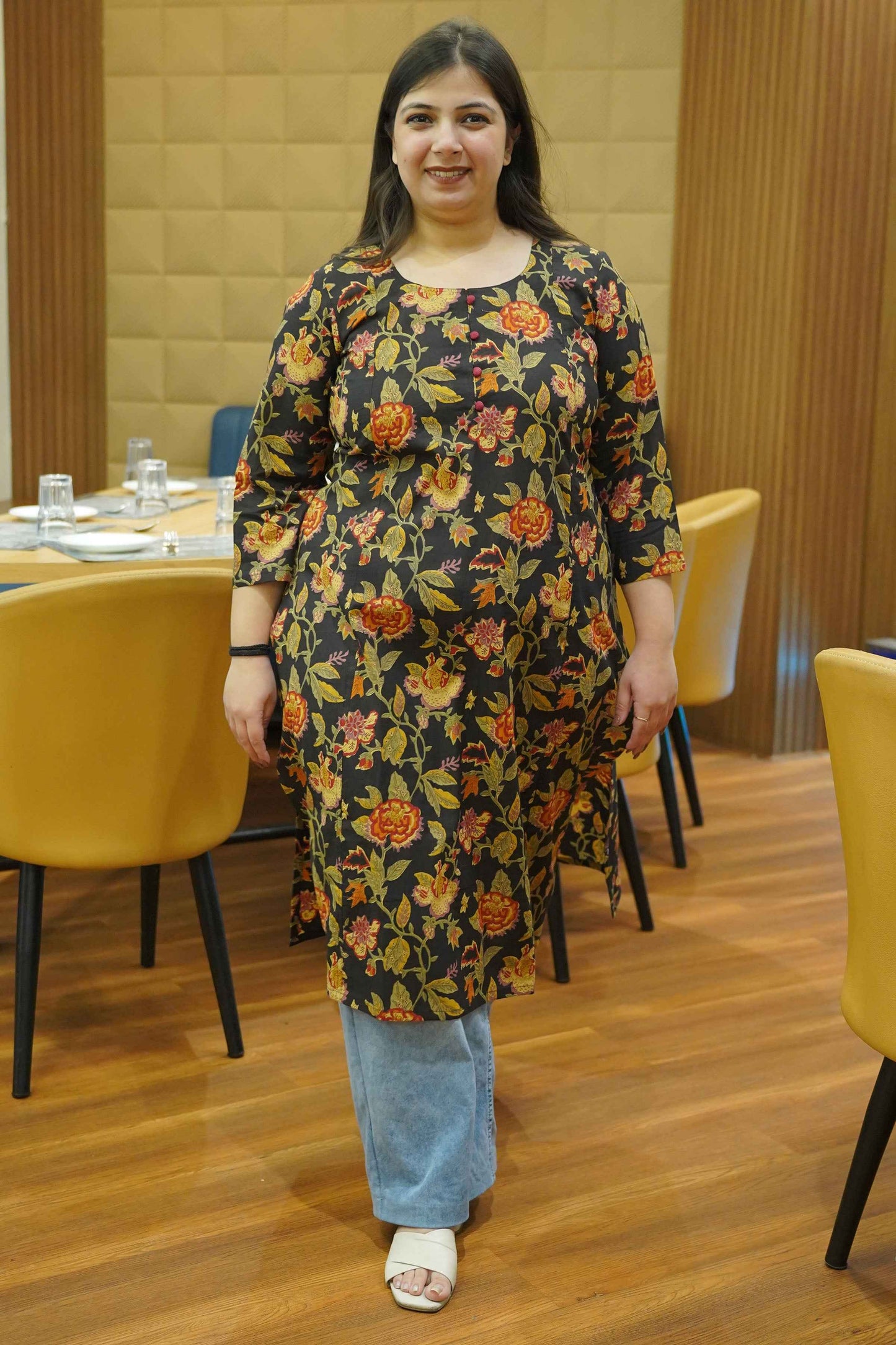 Earthy Black Block Cotton Kali Kurta