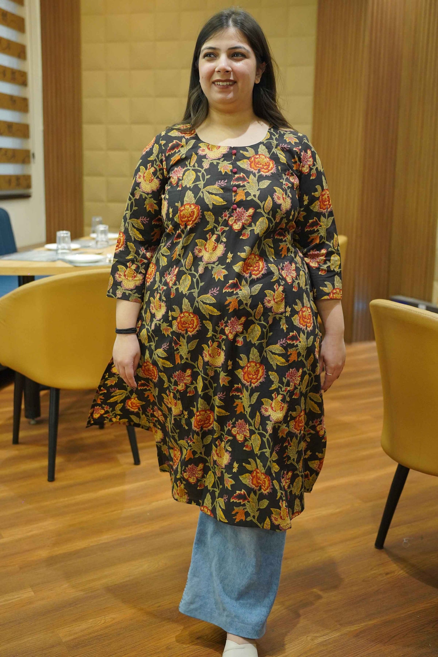 Earthy Black Block Cotton Kali Kurta