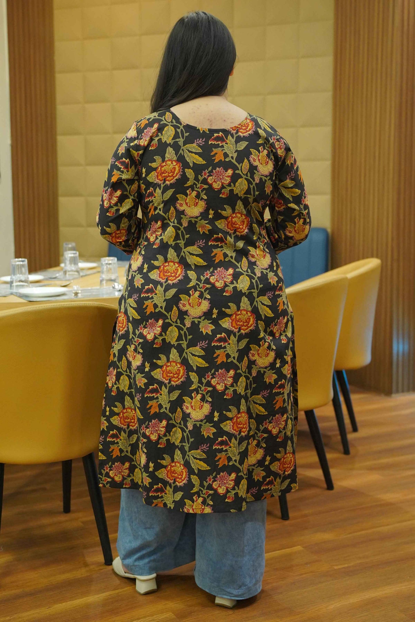 Earthy Black Block Cotton Kali Kurta