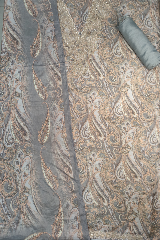English Grey Zari Embroidered Muslin Suit