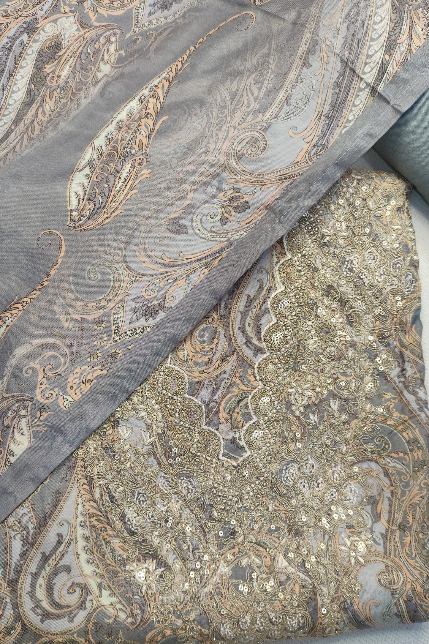 English Grey Zari Embroidered Muslin Suit