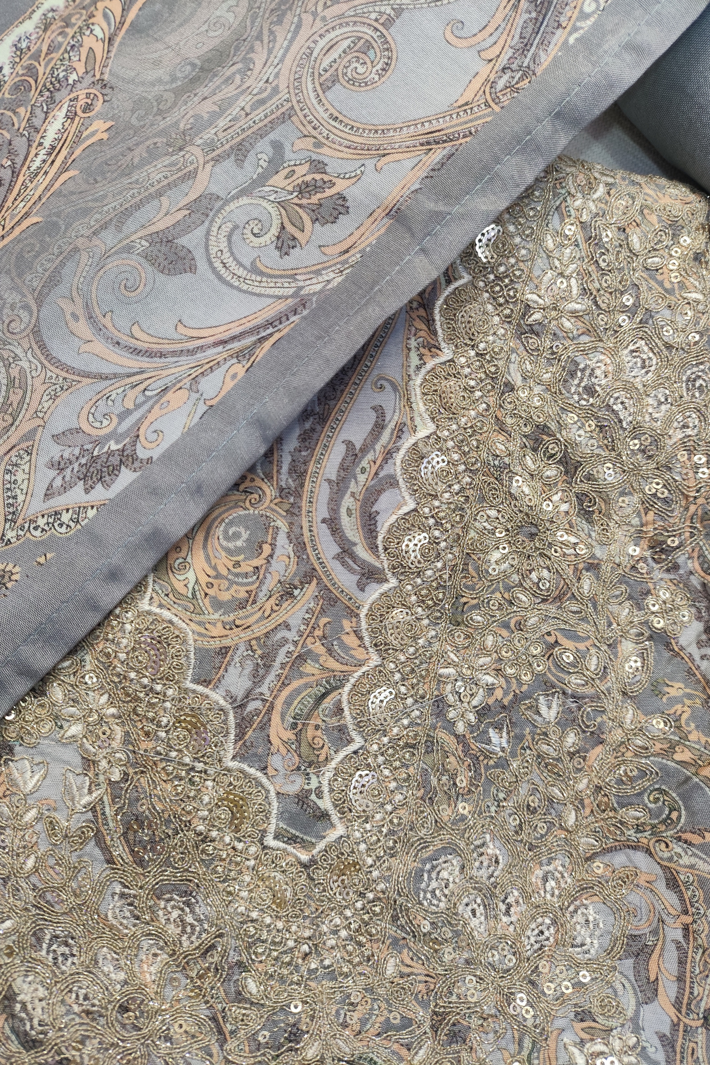 English Grey Zari Embroidered Muslin Suit