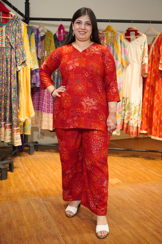 Evening Rouge Foiled Rayon Co-ord Set