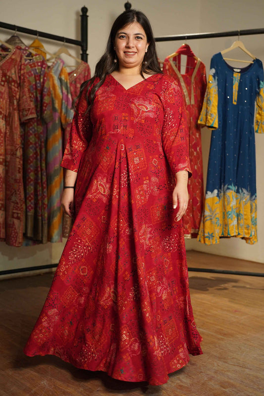 Evening Rouge Foiled Rayon Dress With Pockets