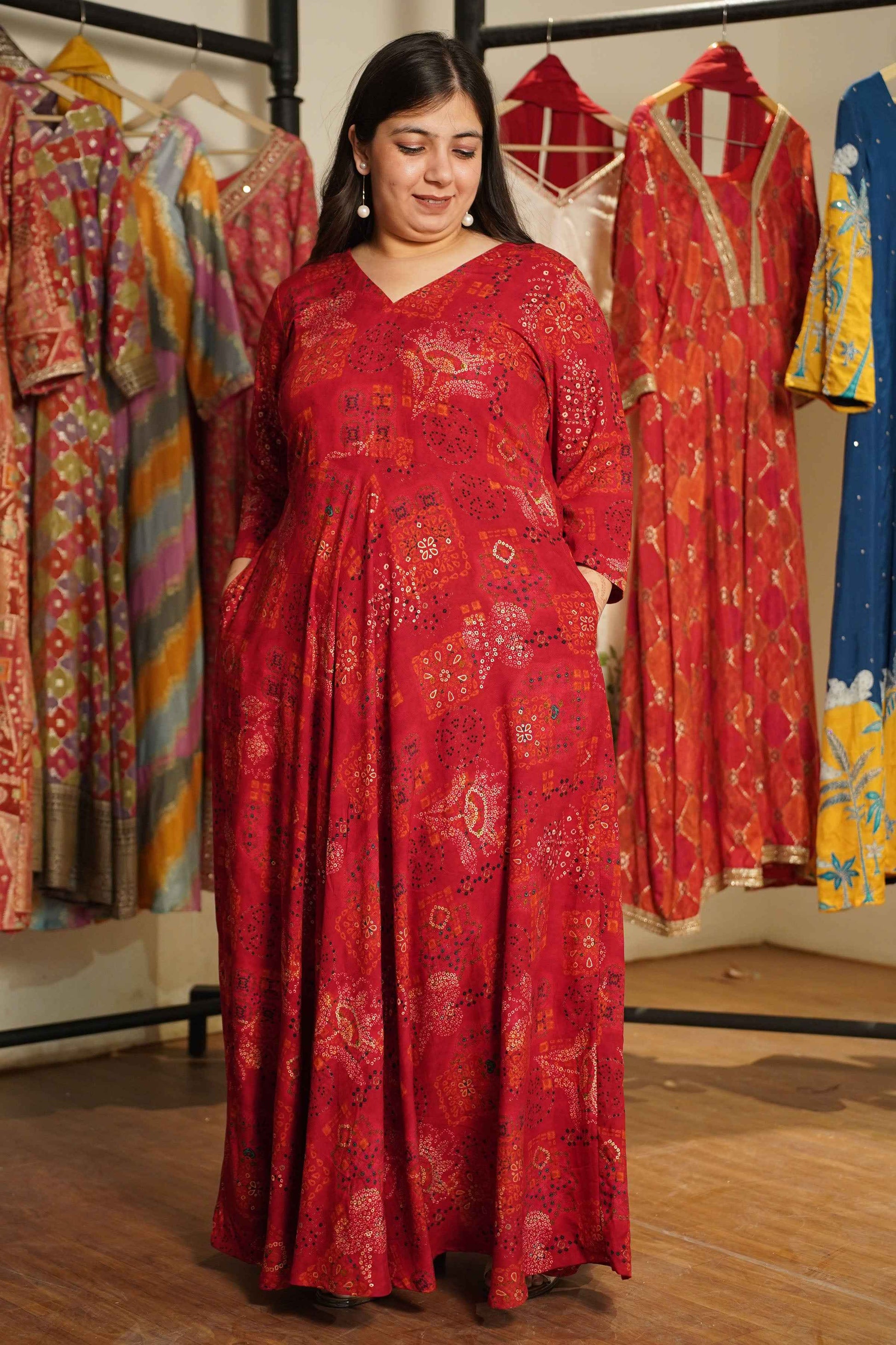 Evening Rouge Foiled Rayon Dress With Pockets