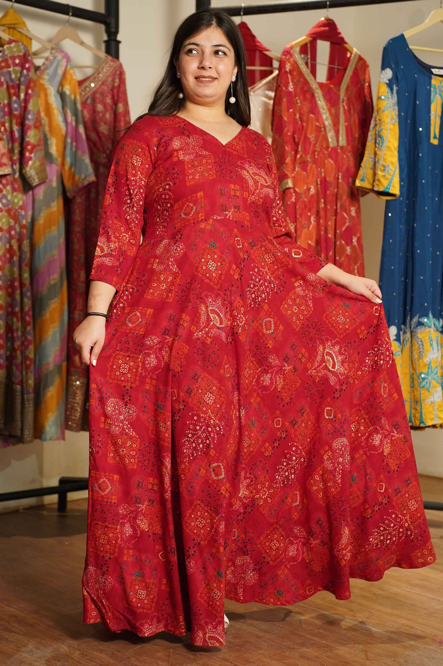 Evening Rouge Foiled Rayon Dress With Pockets