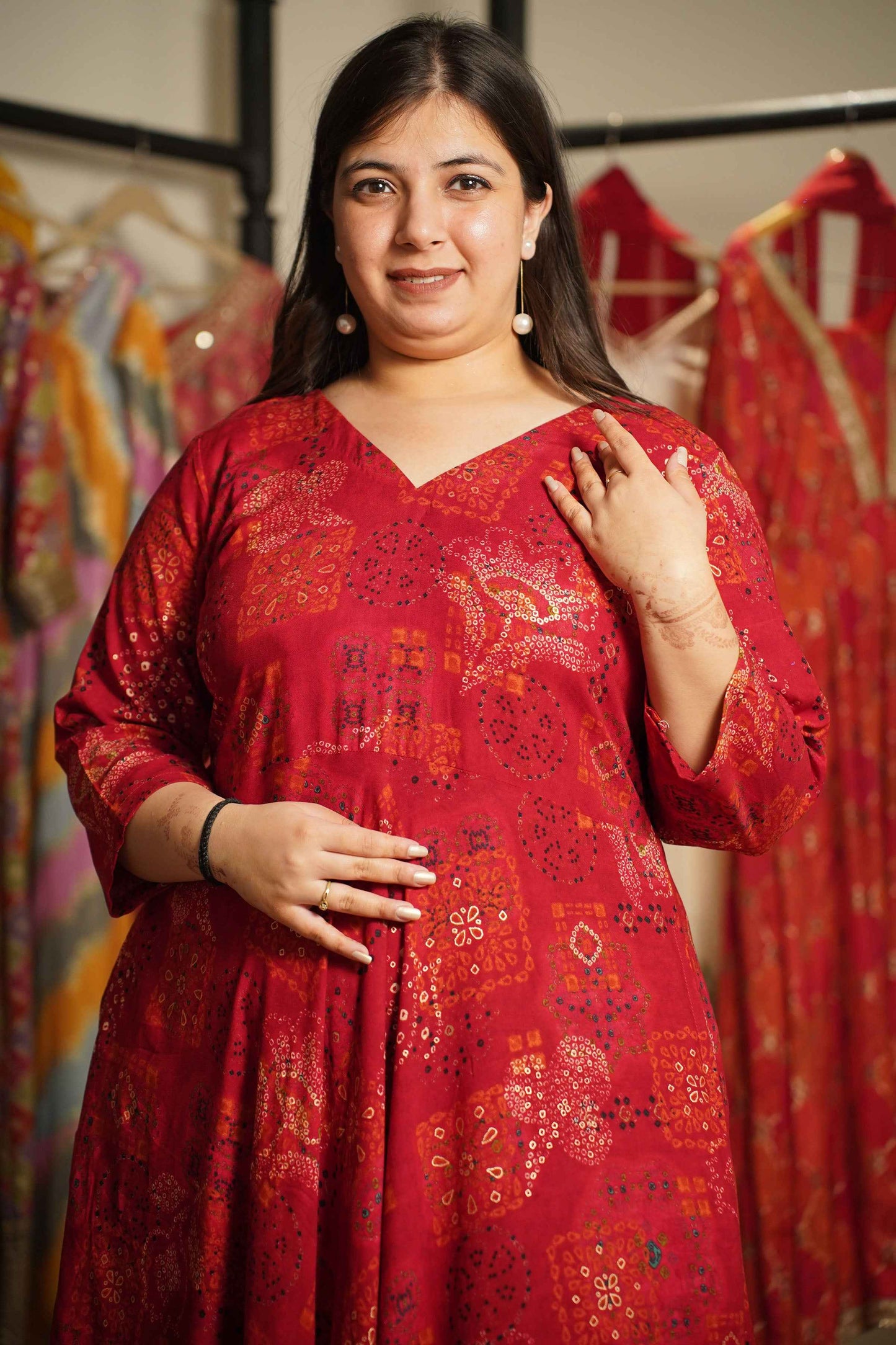 Evening Rouge Foiled Rayon Dress With Pockets