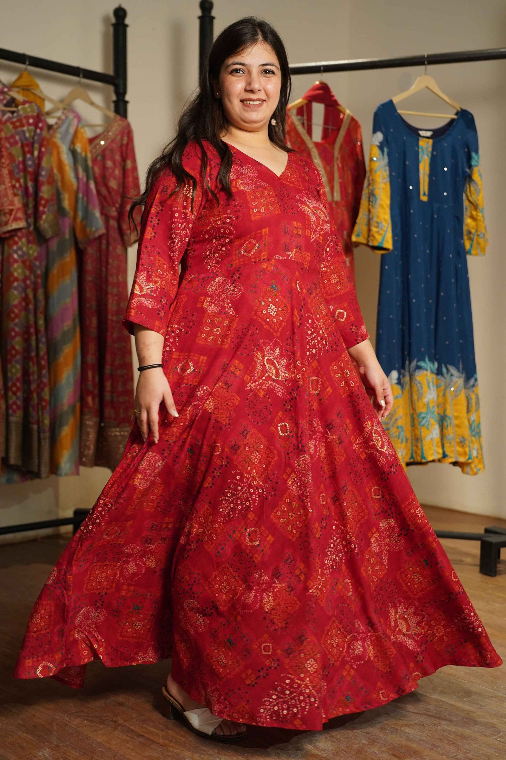 Evening Rouge Foiled Rayon Dress With Pockets