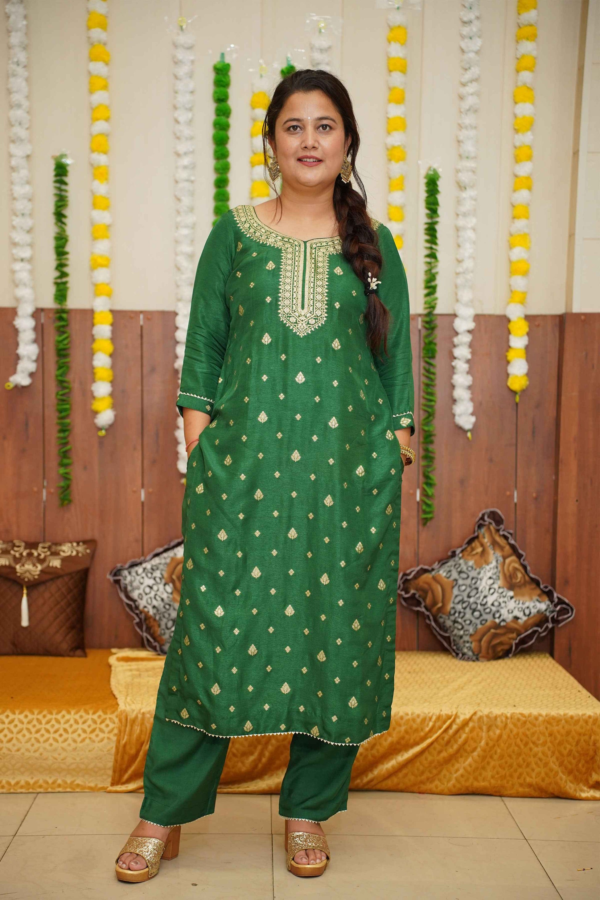 Buy Plus Size ​Garnet Green Fancy Silk Set At Apella | Sizes XS to 10 XL | India | Free Delivery | Customized
