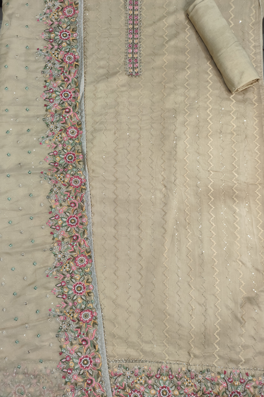 Gold Thread Embroidered Chinon Suit