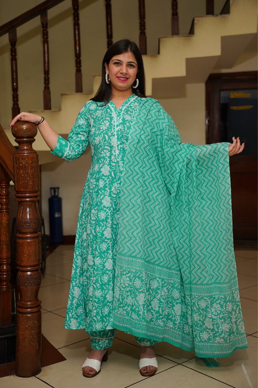 Aqua Green Block Printed Anarkali Set