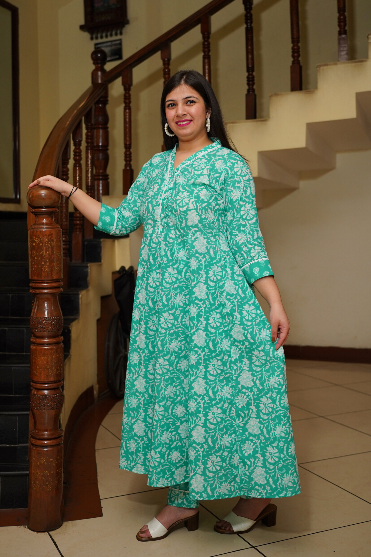 Aqua Green Block Printed Anarkali Set