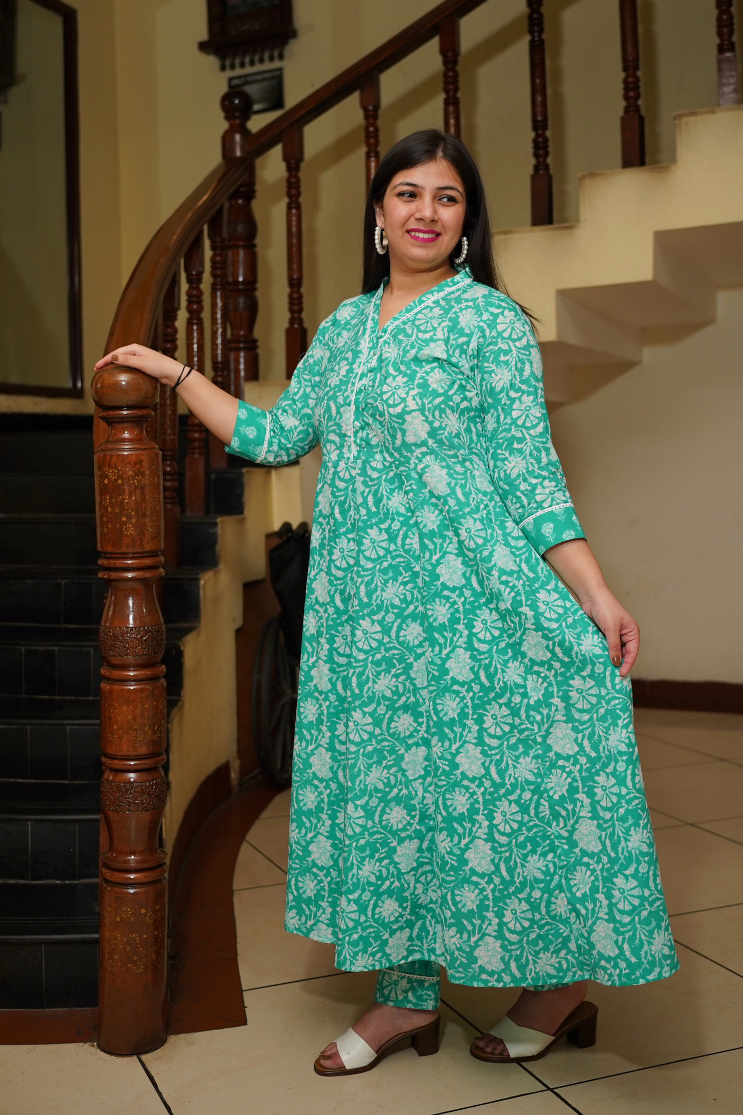 Aqua Green Block Printed Anarkali Set