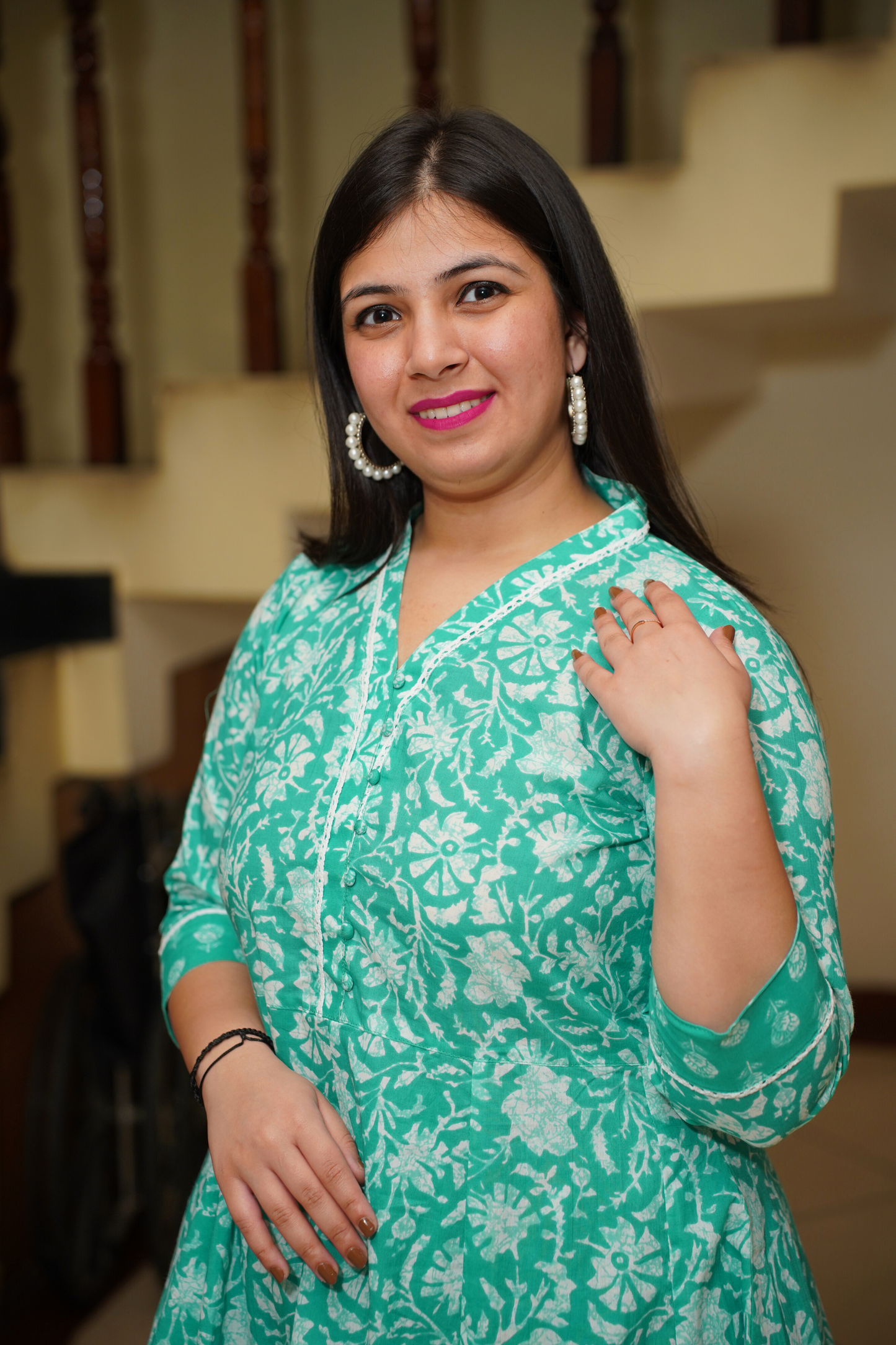 Aqua Green Block Printed Anarkali Set
