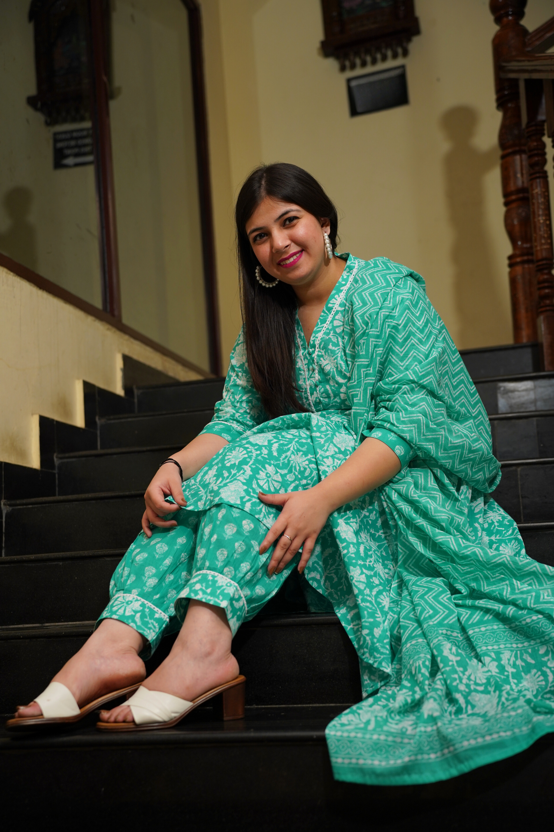 Aqua Green Block Printed Anarkali Set
