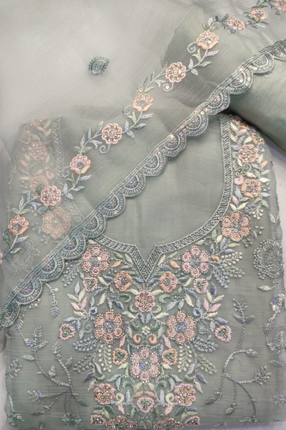 Green Crushed Tissue Suit With Handwork