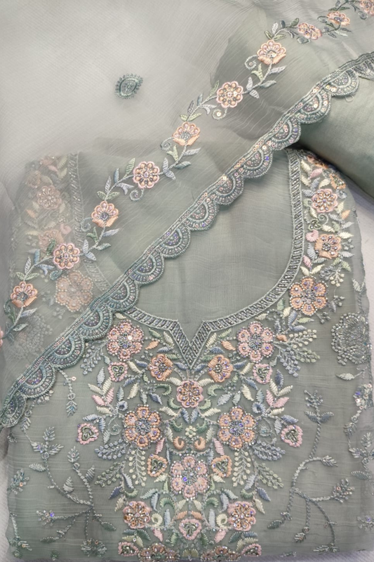 Green Crushed Tissue Suit With Handwork