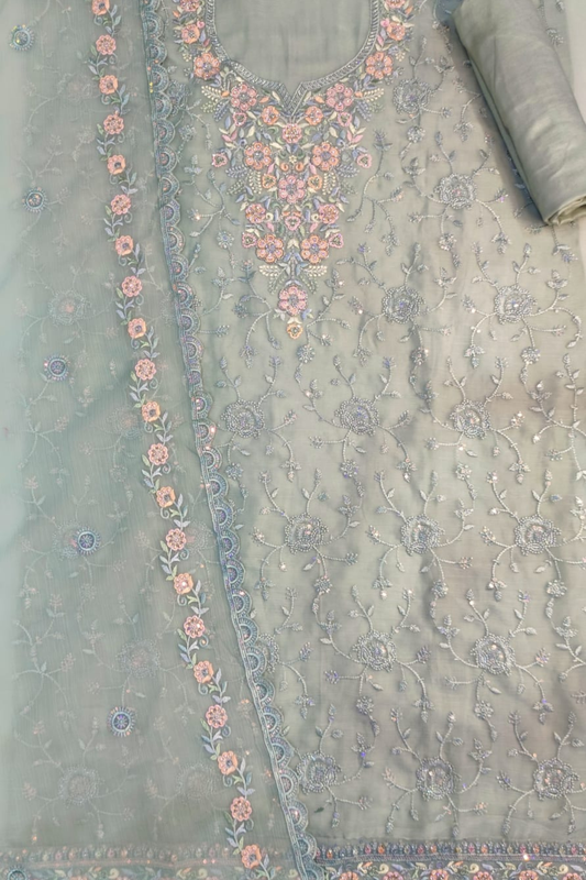 Green Crushed Tissue Suit With Handwork