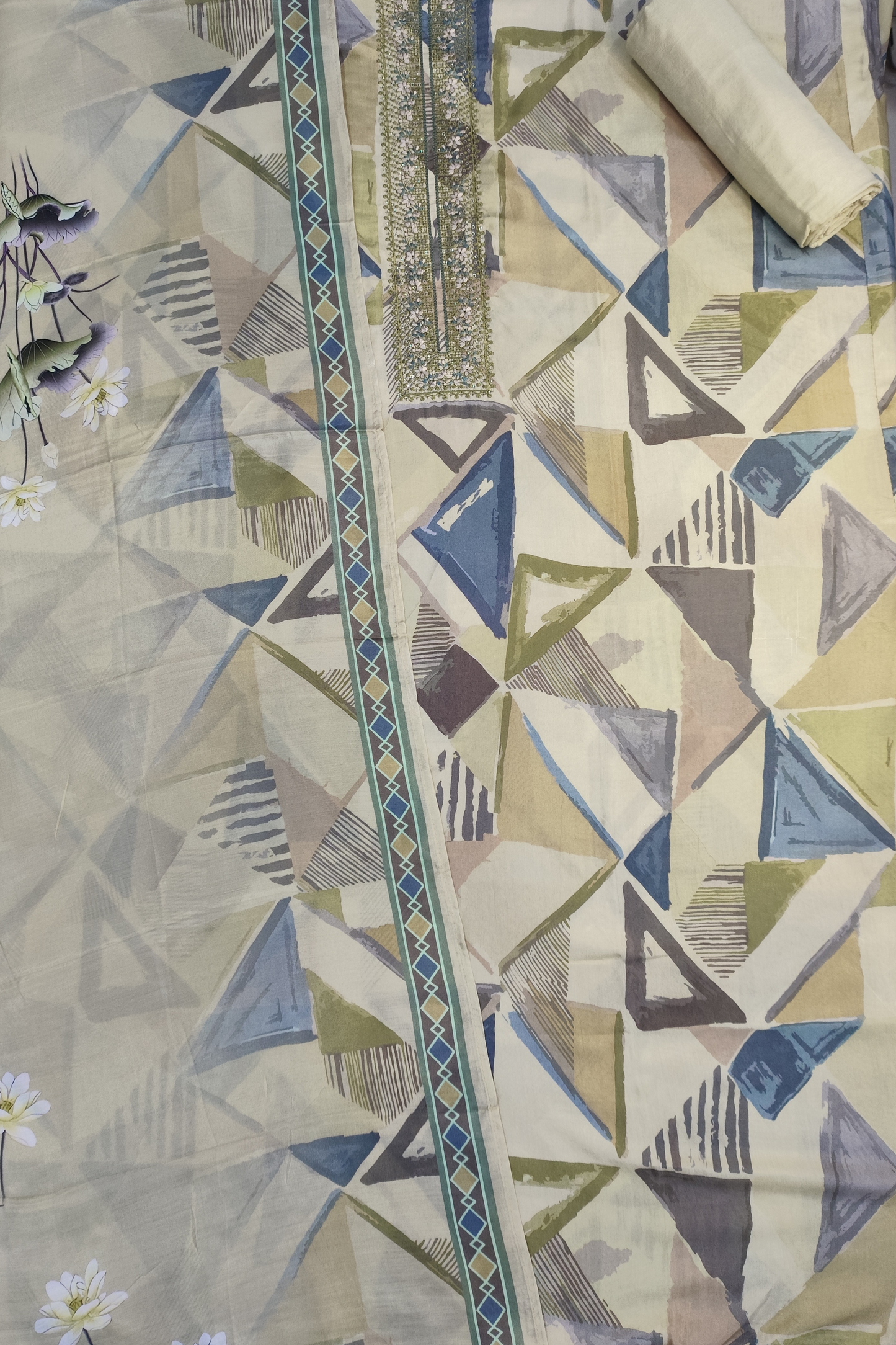 Olive Geometry Pure Muslin Suit