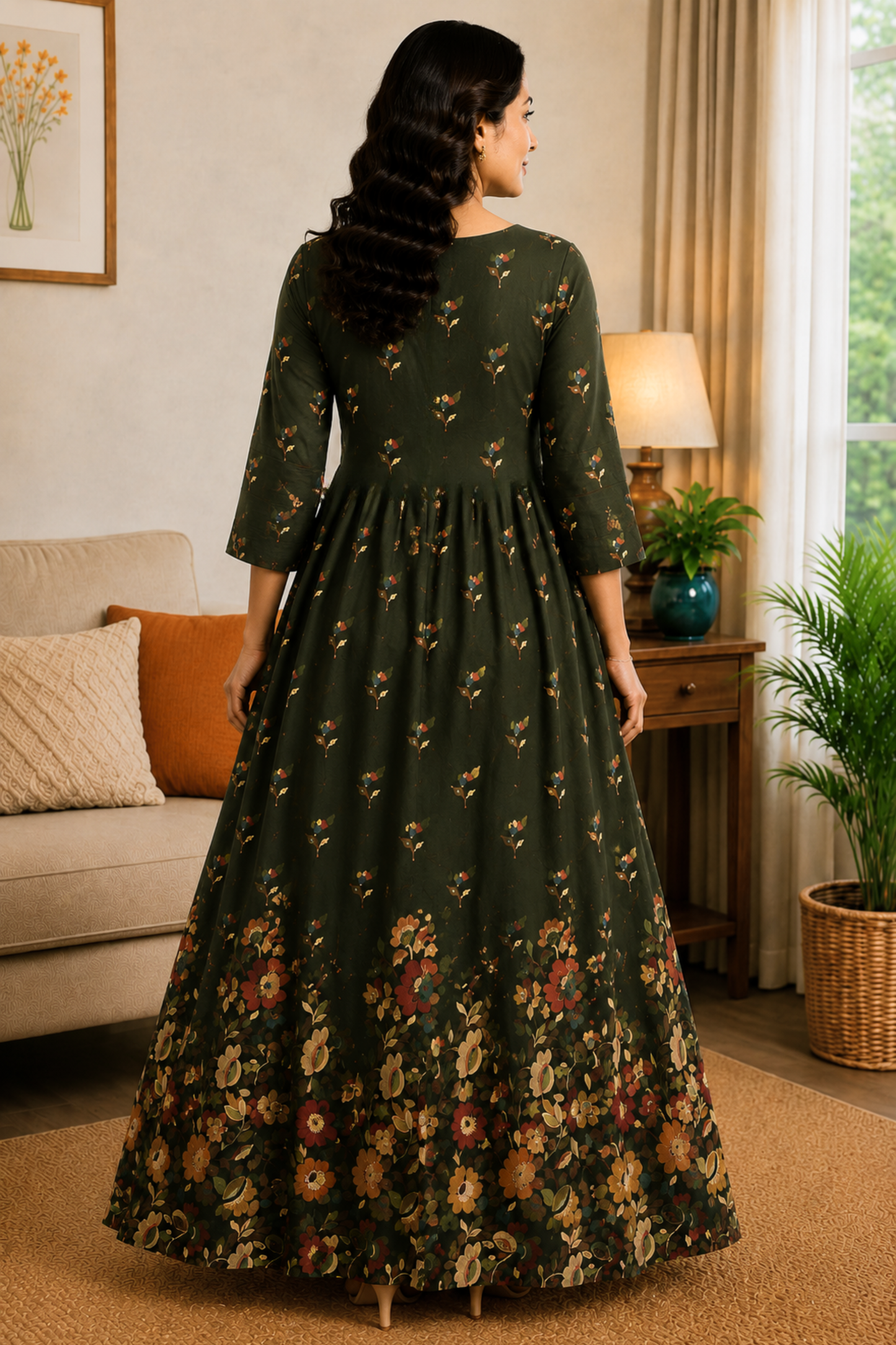 Moss Tapestry Floral Rayon Dress With Pockets