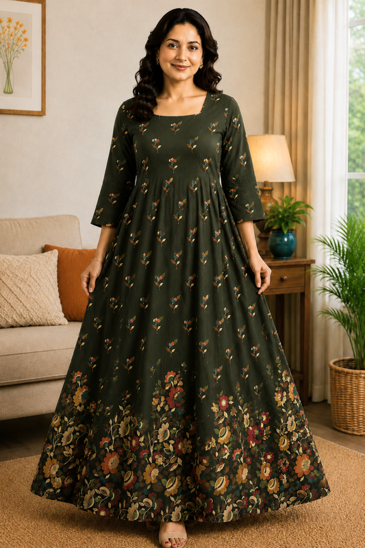 Moss Tapestry Floral Rayon Dress With Pockets