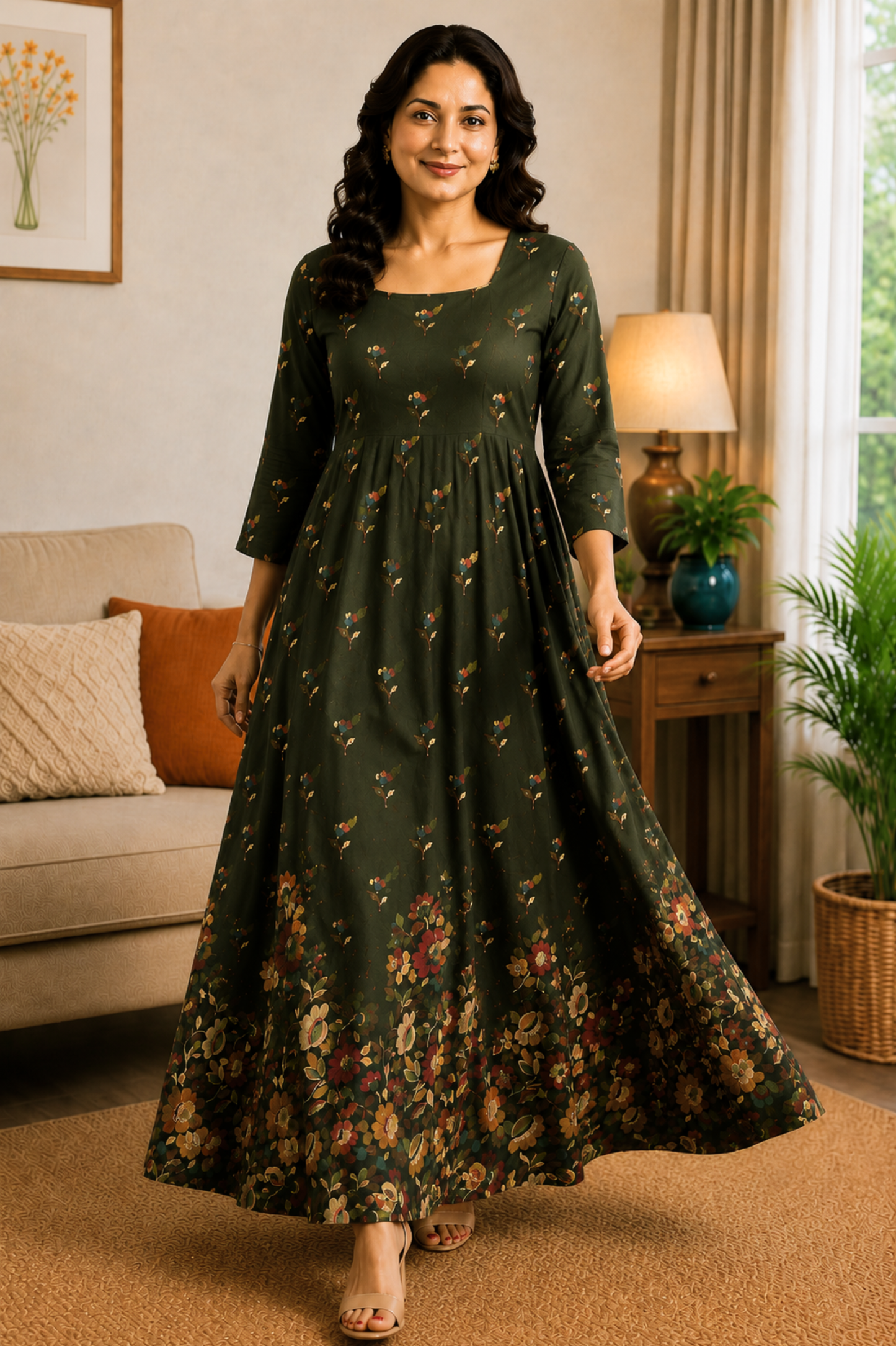 Moss Tapestry Floral Rayon Dress With Pockets