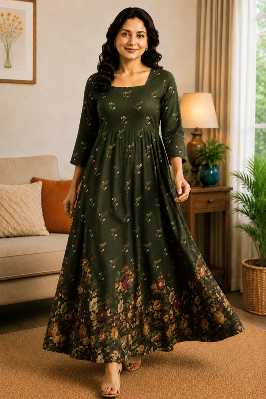 Moss Tapestry Floral Rayon Dress With Pockets