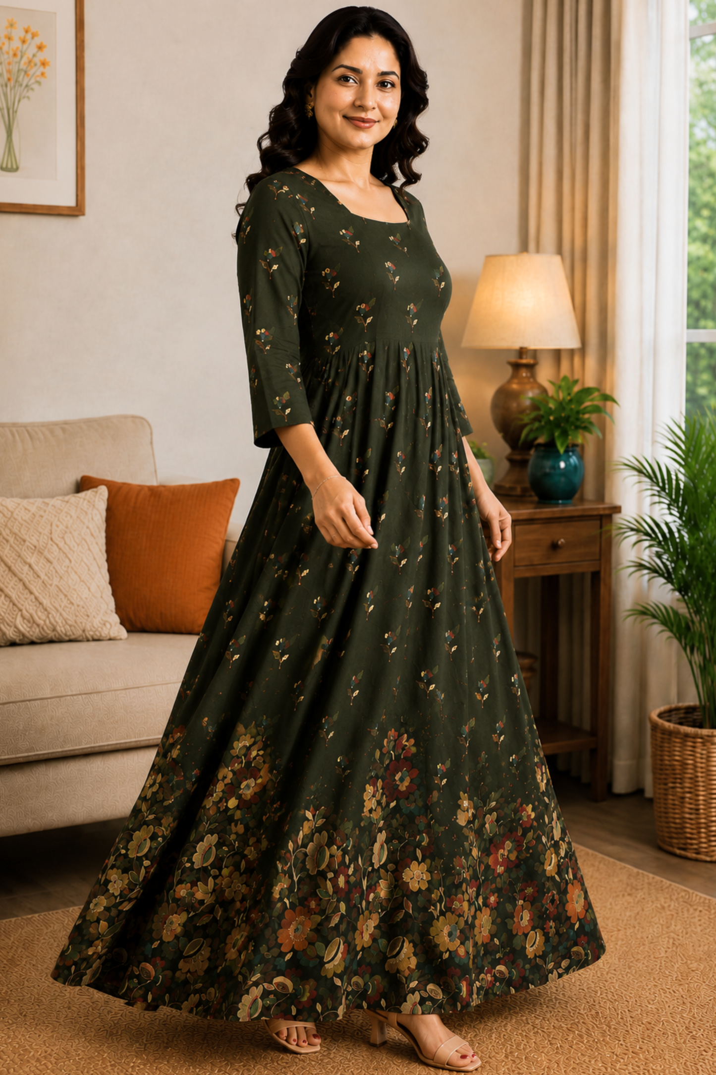 Moss Tapestry Floral Rayon Dress With Pockets