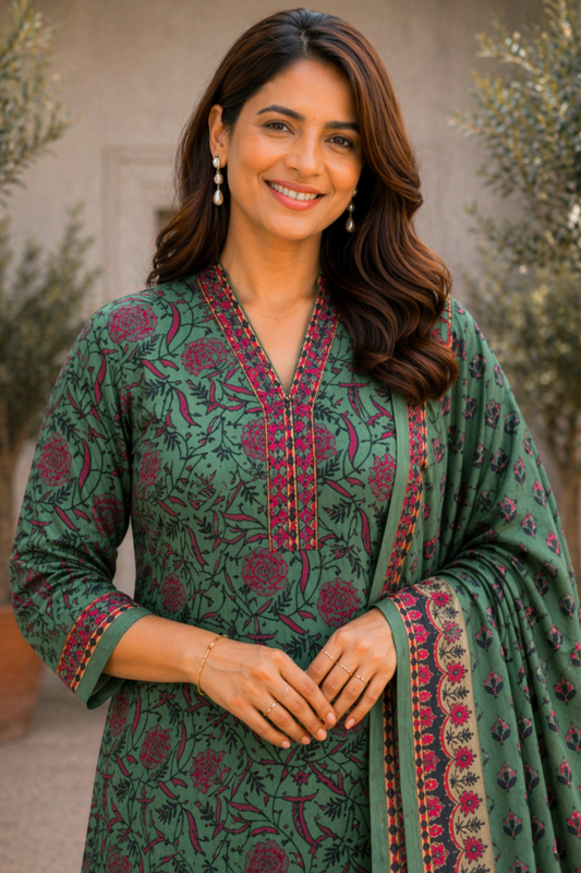 Deep Basil Bagh Cotton Suit Set