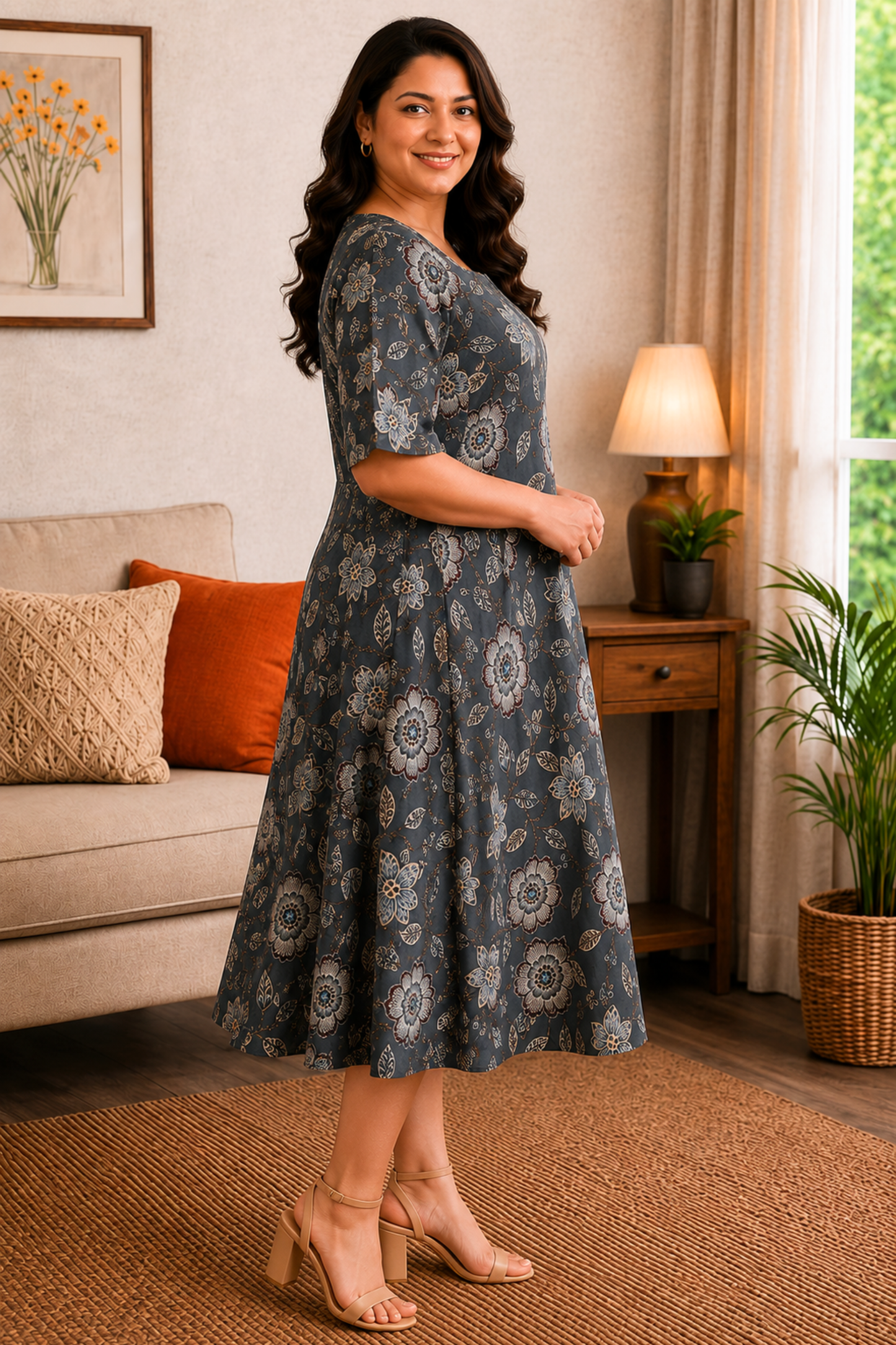Slate Botanica Rayon Dress With Pockets