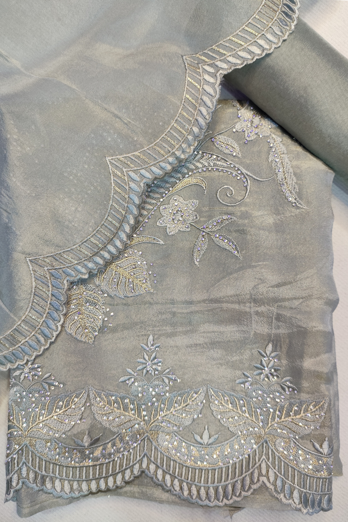 Grey Shimmer Silk Suit With Swarovski Work