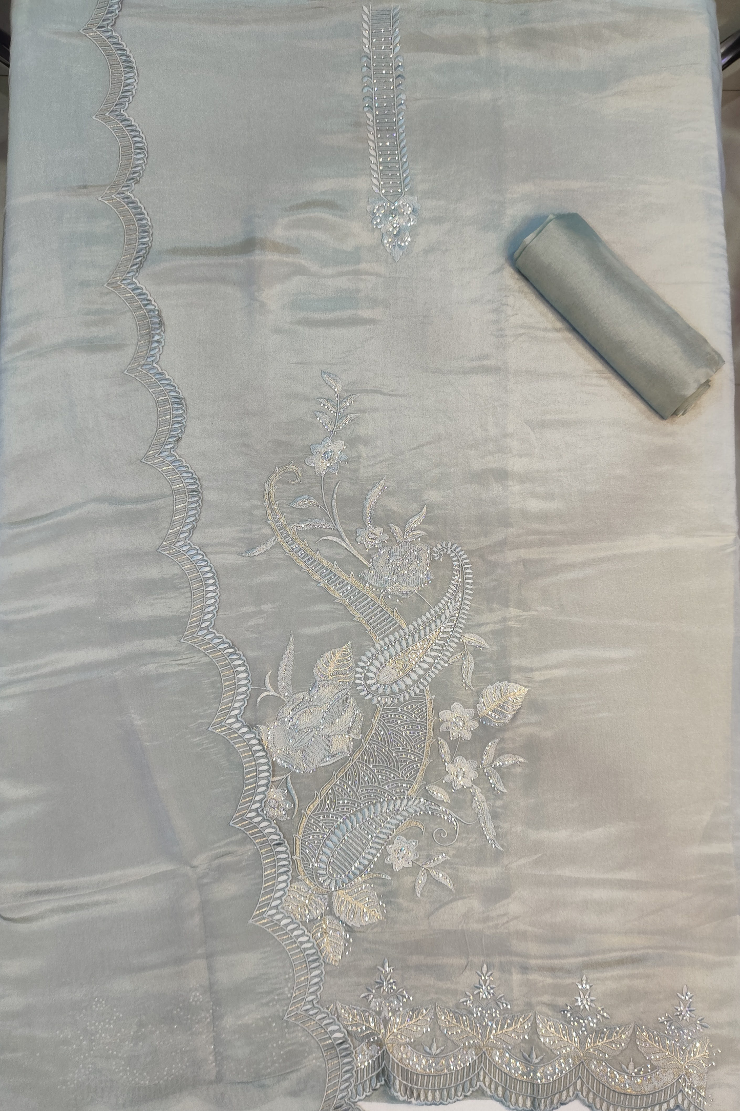 Grey Shimmer Silk Suit With Swarovski Work