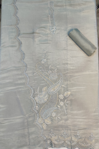 Grey Shimmer Silk Suit With Swarovski Work