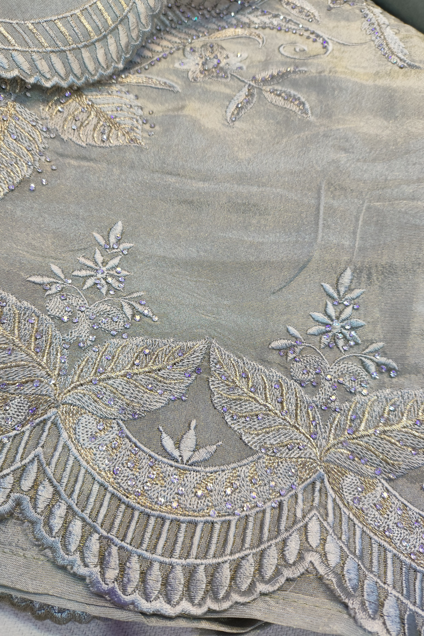 Grey Shimmer Silk Suit With Swarovski Work