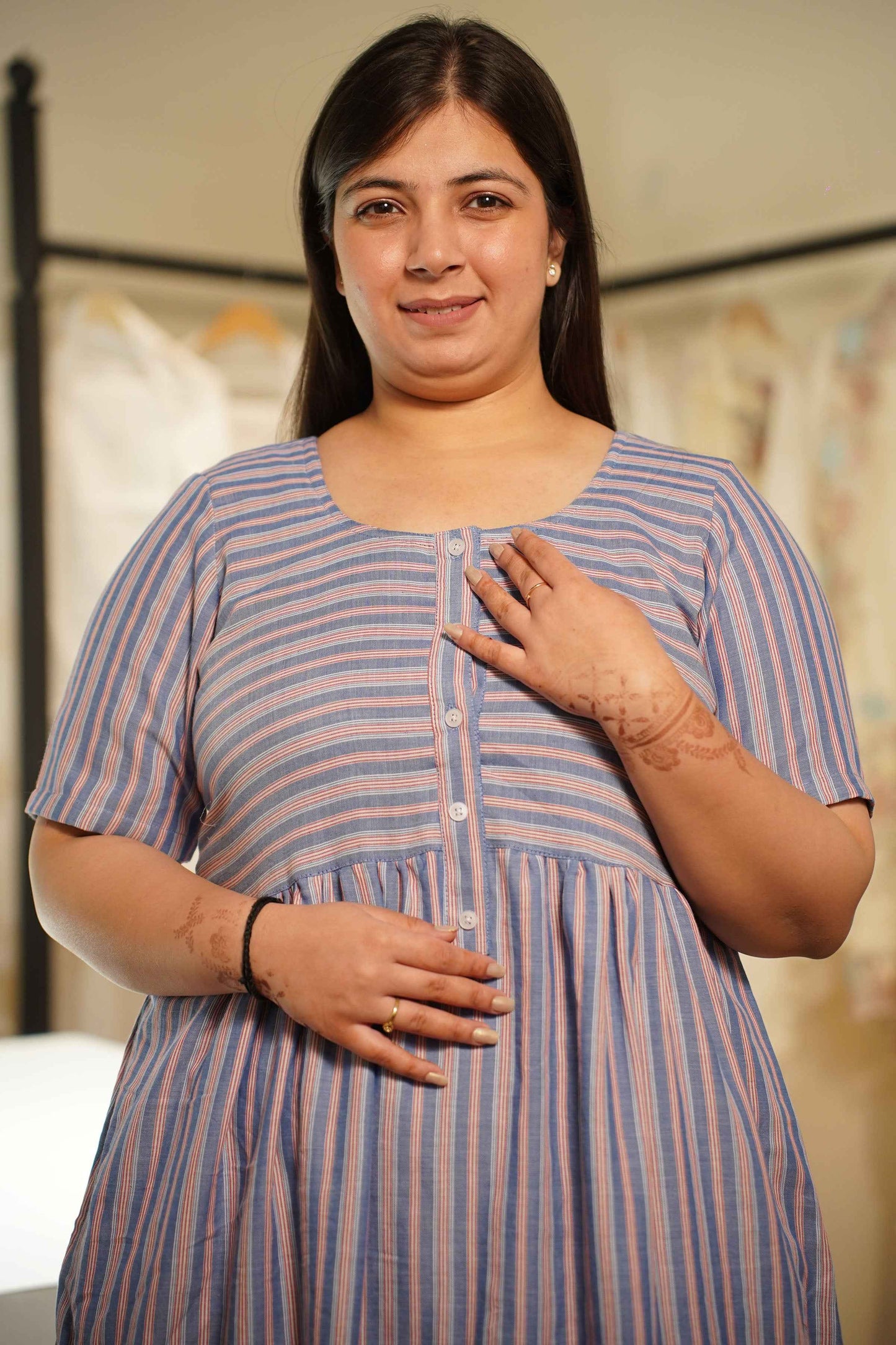 Grey Striped Cotton Night Gown