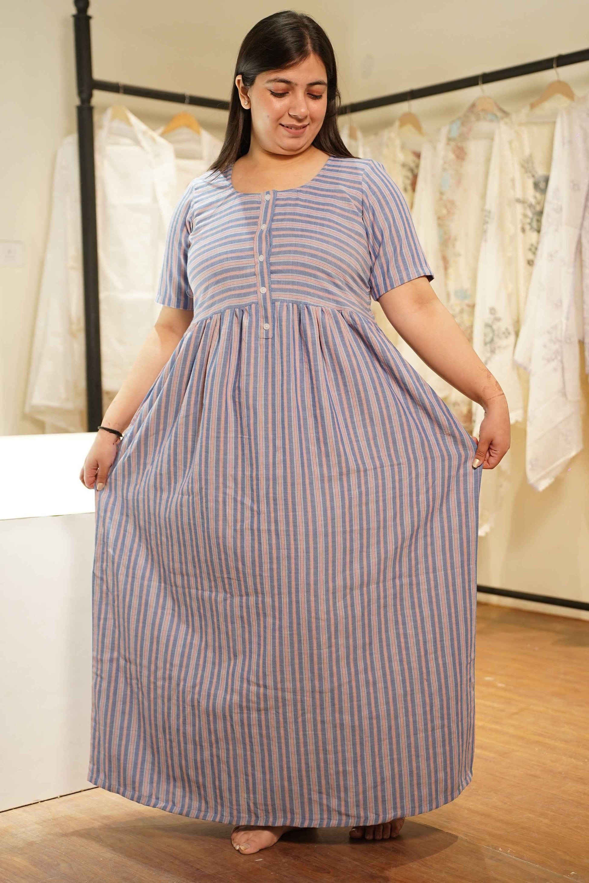 Grey Striped Cotton Night Gown