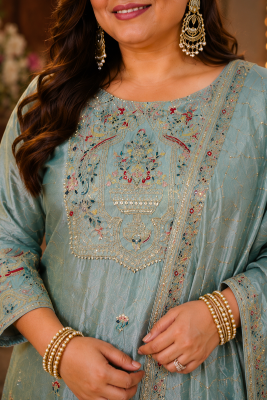 Zareenah Tissue Shimmer Suit With Zari Embroidery (Copy)