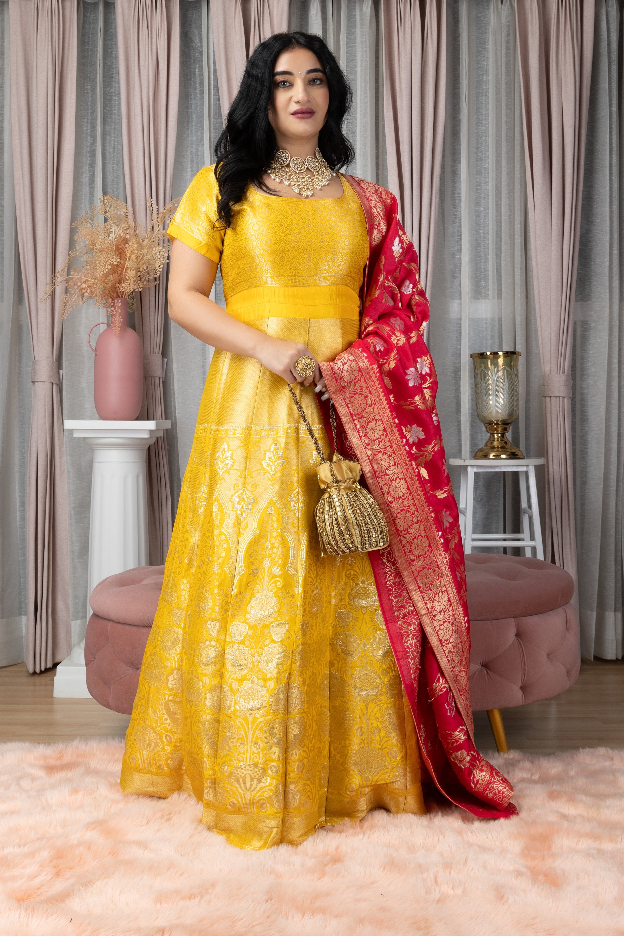 Lemon Designer Banarasi Silk Gown With Dupatta – Gajiwala