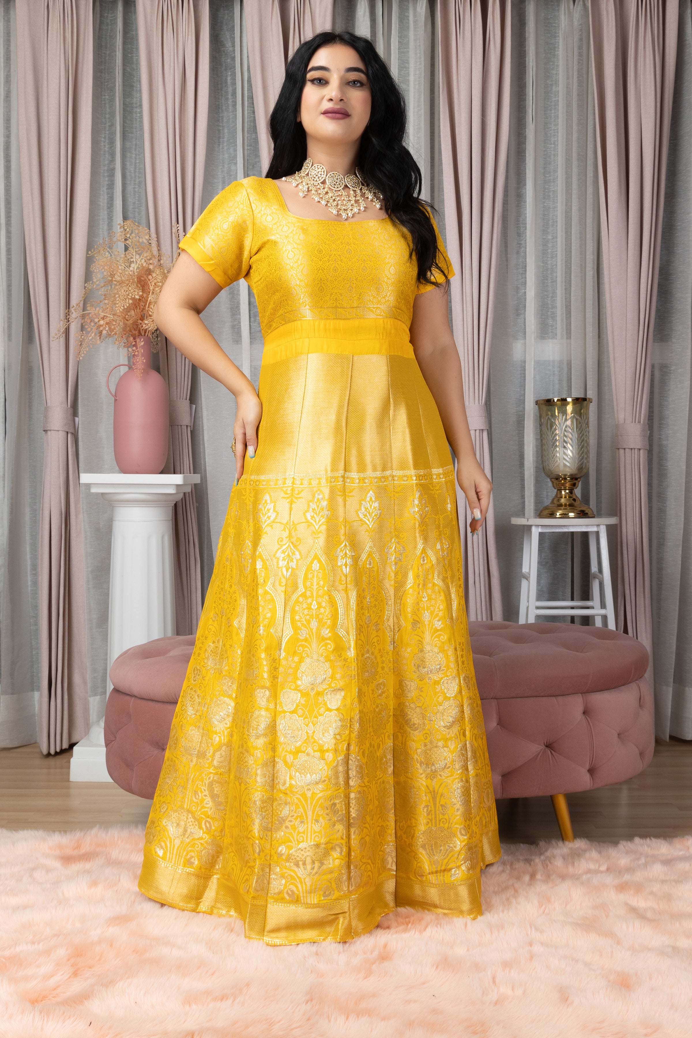 Grey Banarasi Silk Dress With Dupatta And Belt | Long gown design, Frocks  for girls, Long frock designs