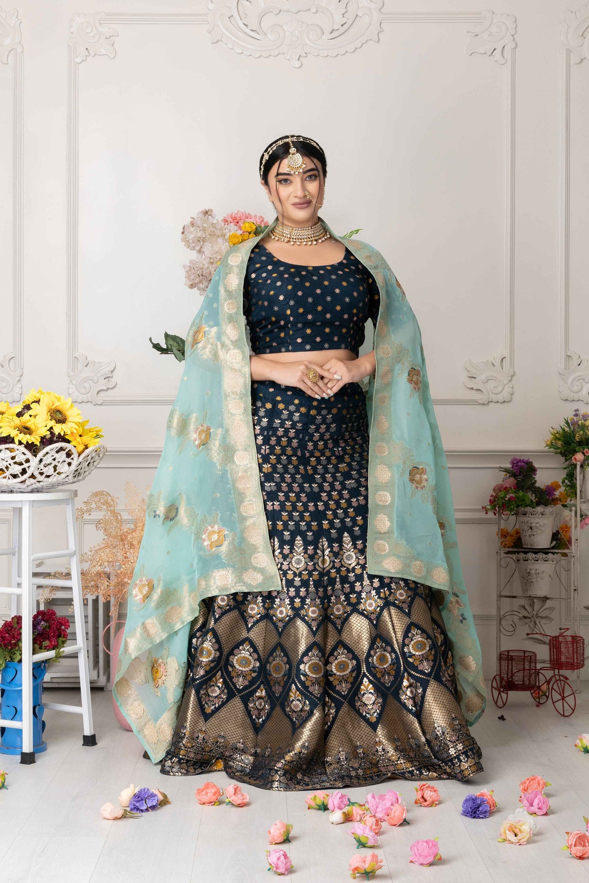 Buy Plus Size ​Haril Dhvani Banarasi Silk Lehenga At Apella | Sizes XS to 10 XL | India | Free Delivery | Customized