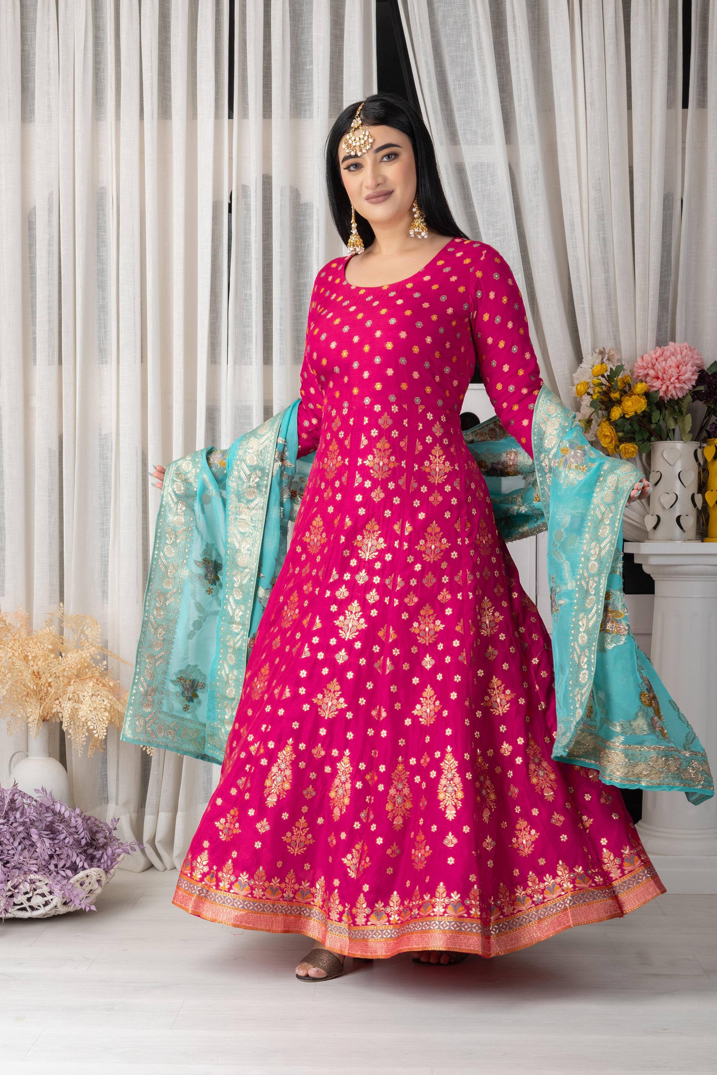 Beautiful Banarasi Silk Anarkali gown with net dupatta. | Suits for women,  Western dresses, Party suits