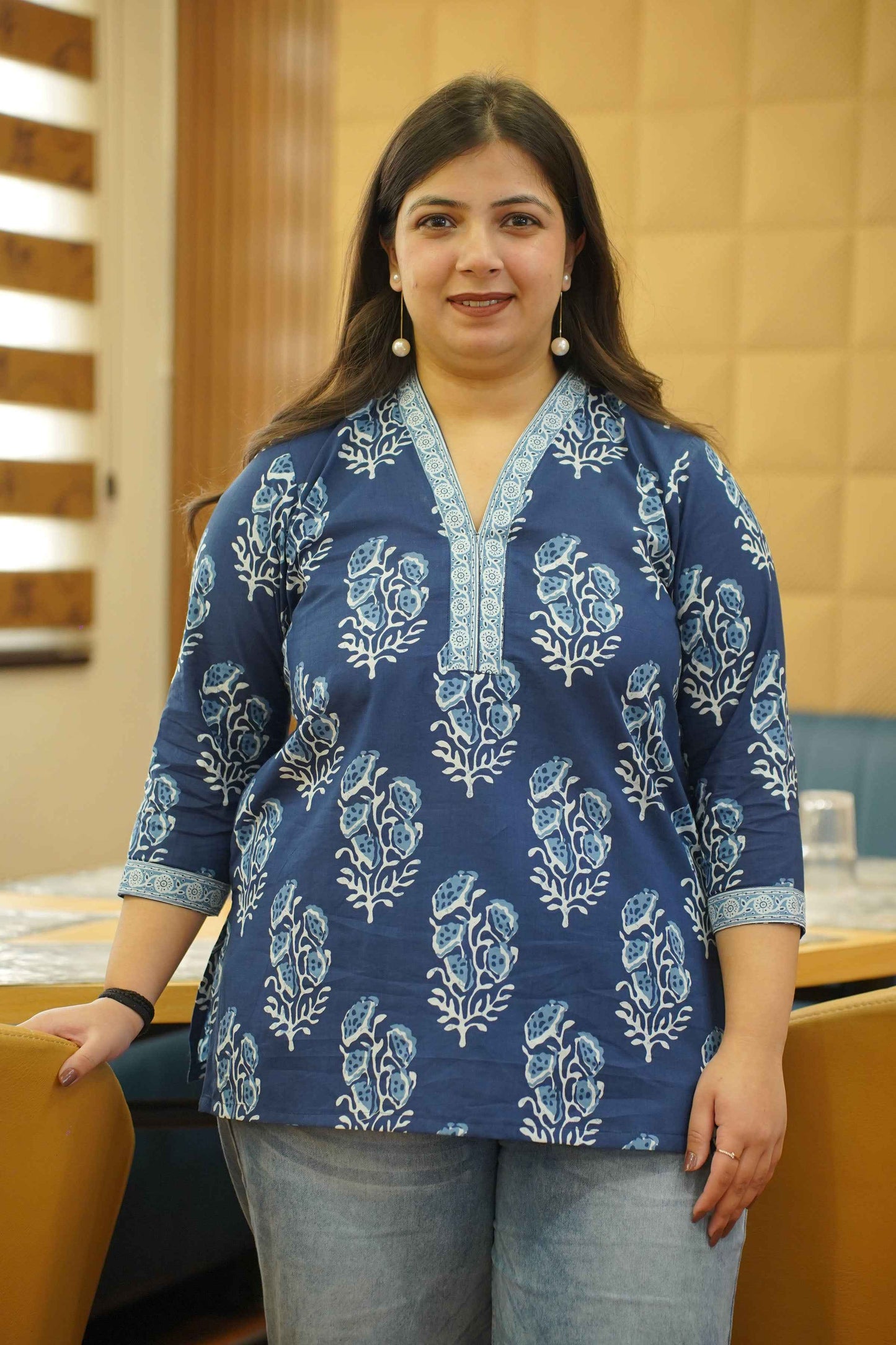 Indigo Block Printed Mandarin Cotton Top