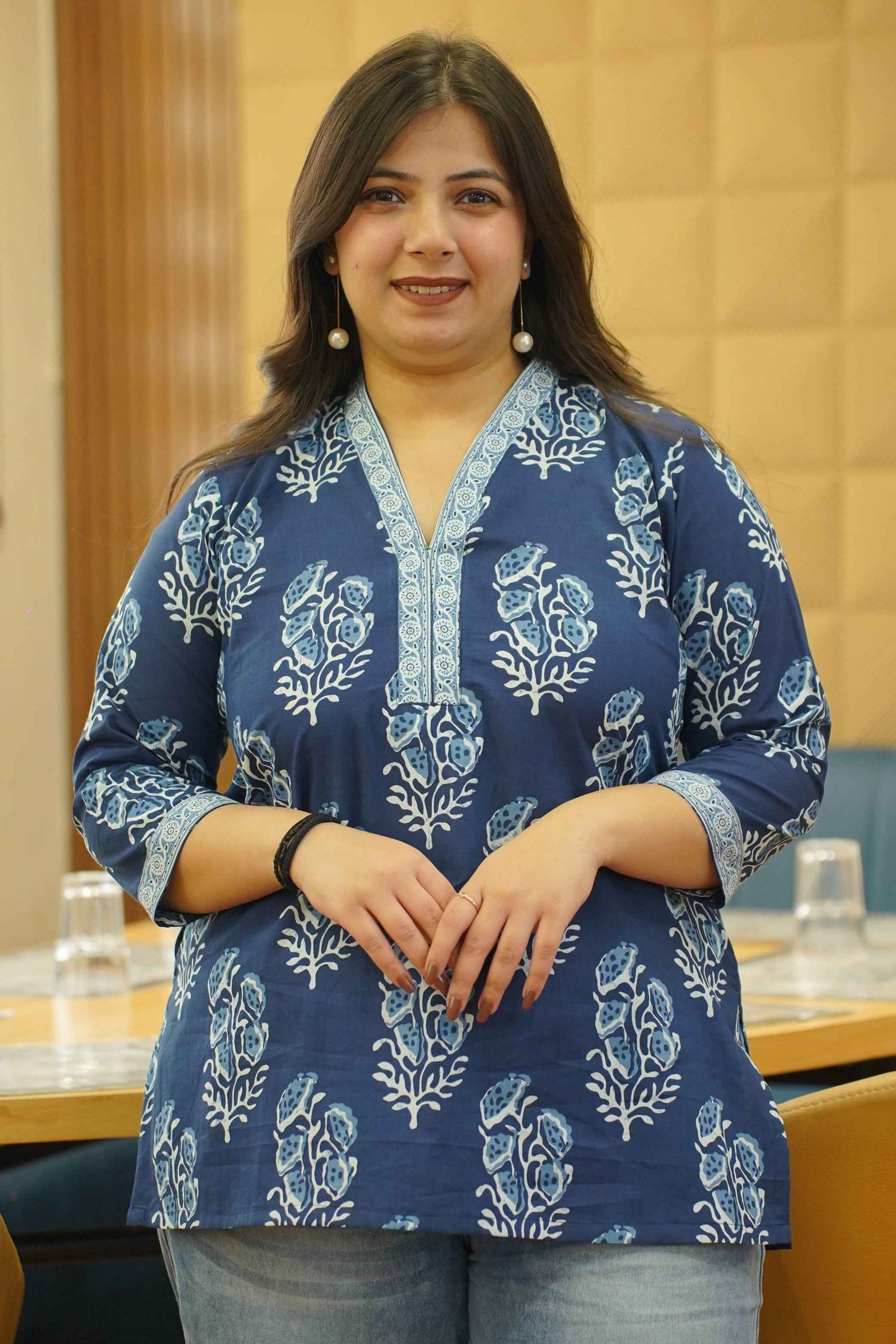 Indigo Block Printed Mandarin Cotton Top