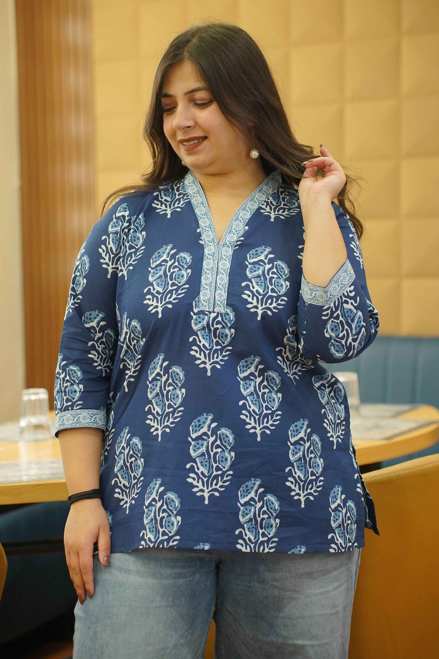 Indigo Block Printed Mandarin Cotton Top