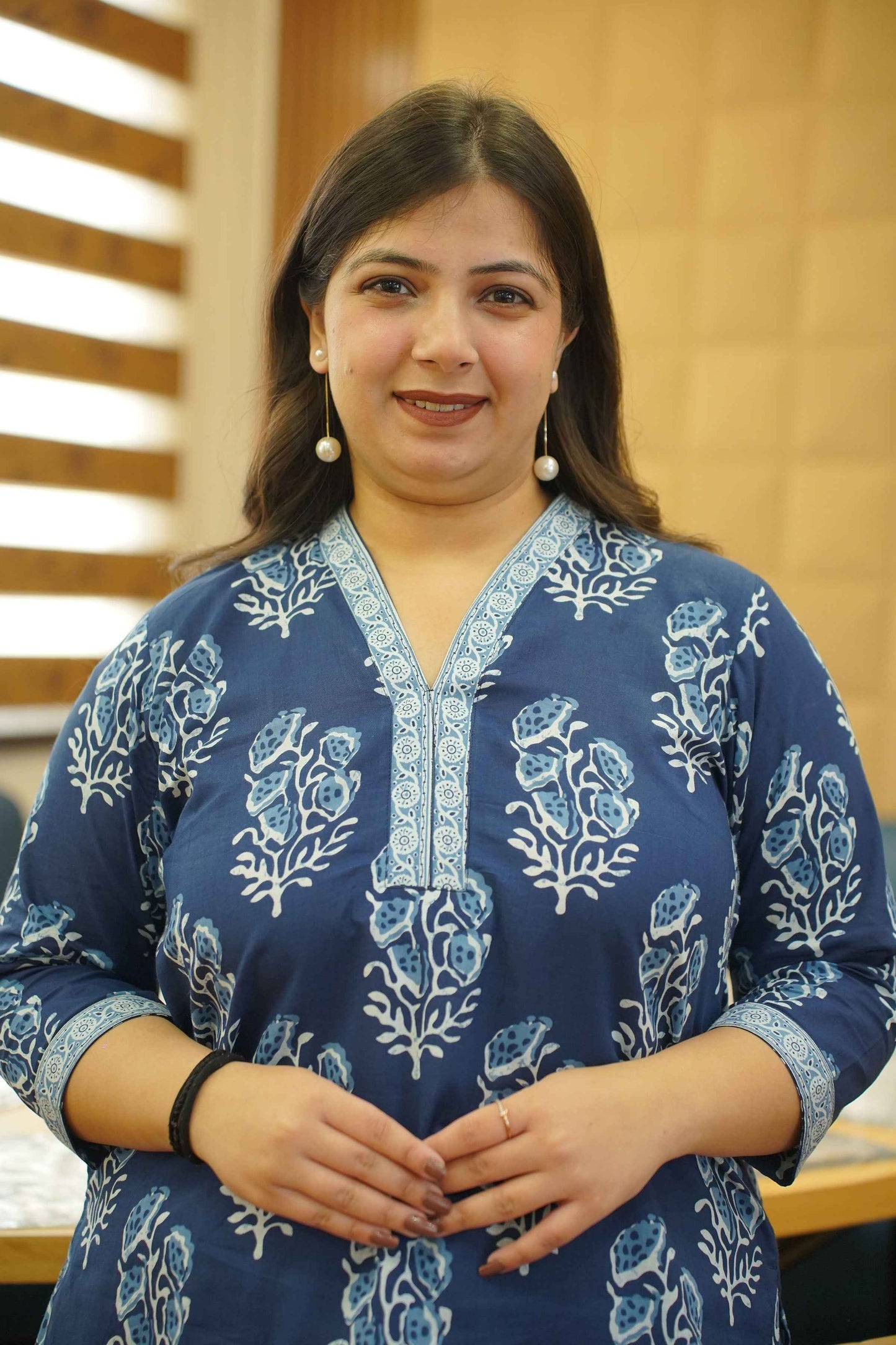 Indigo Block Printed Mandarin Cotton Top