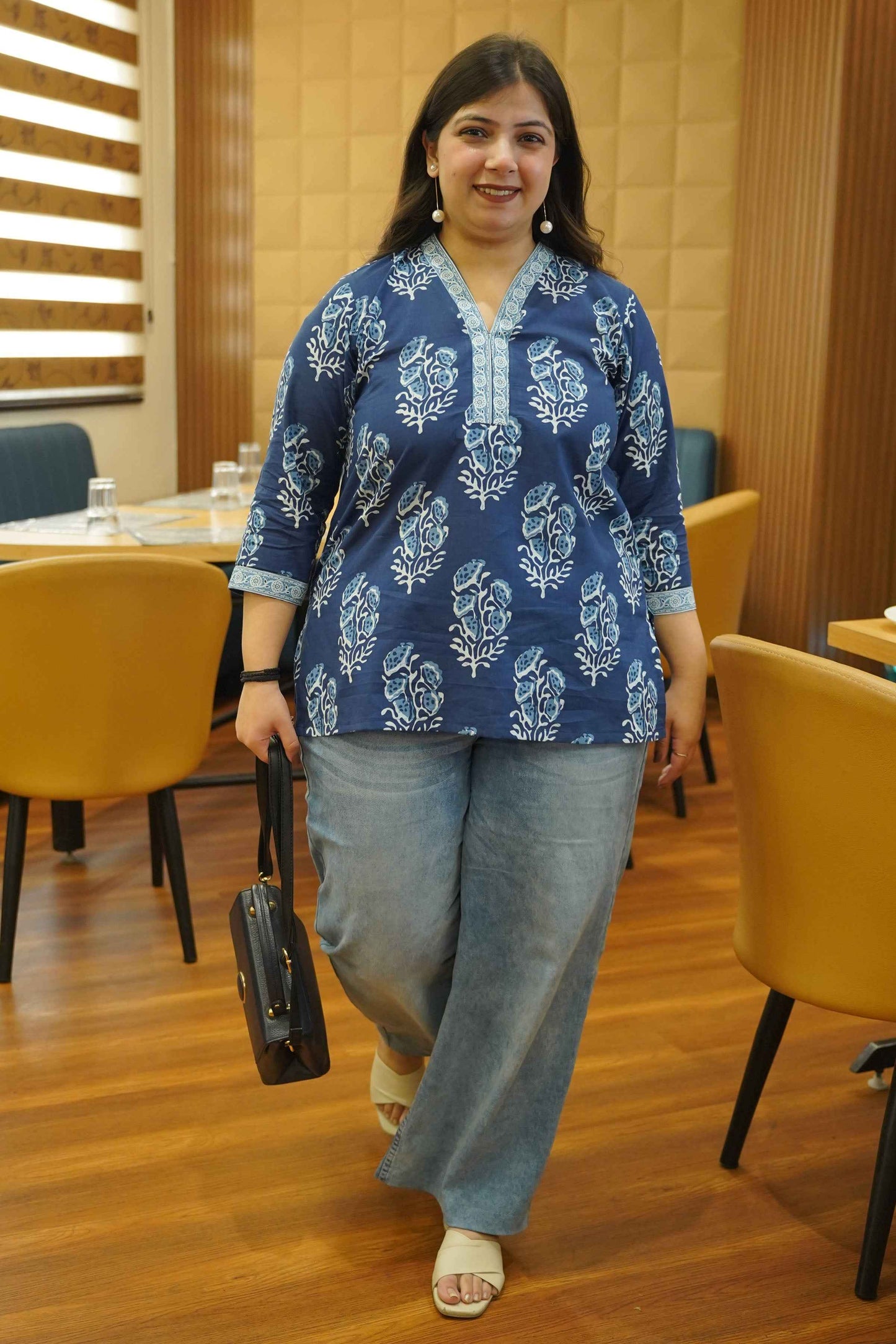 Indigo Block Printed Mandarin Cotton Top