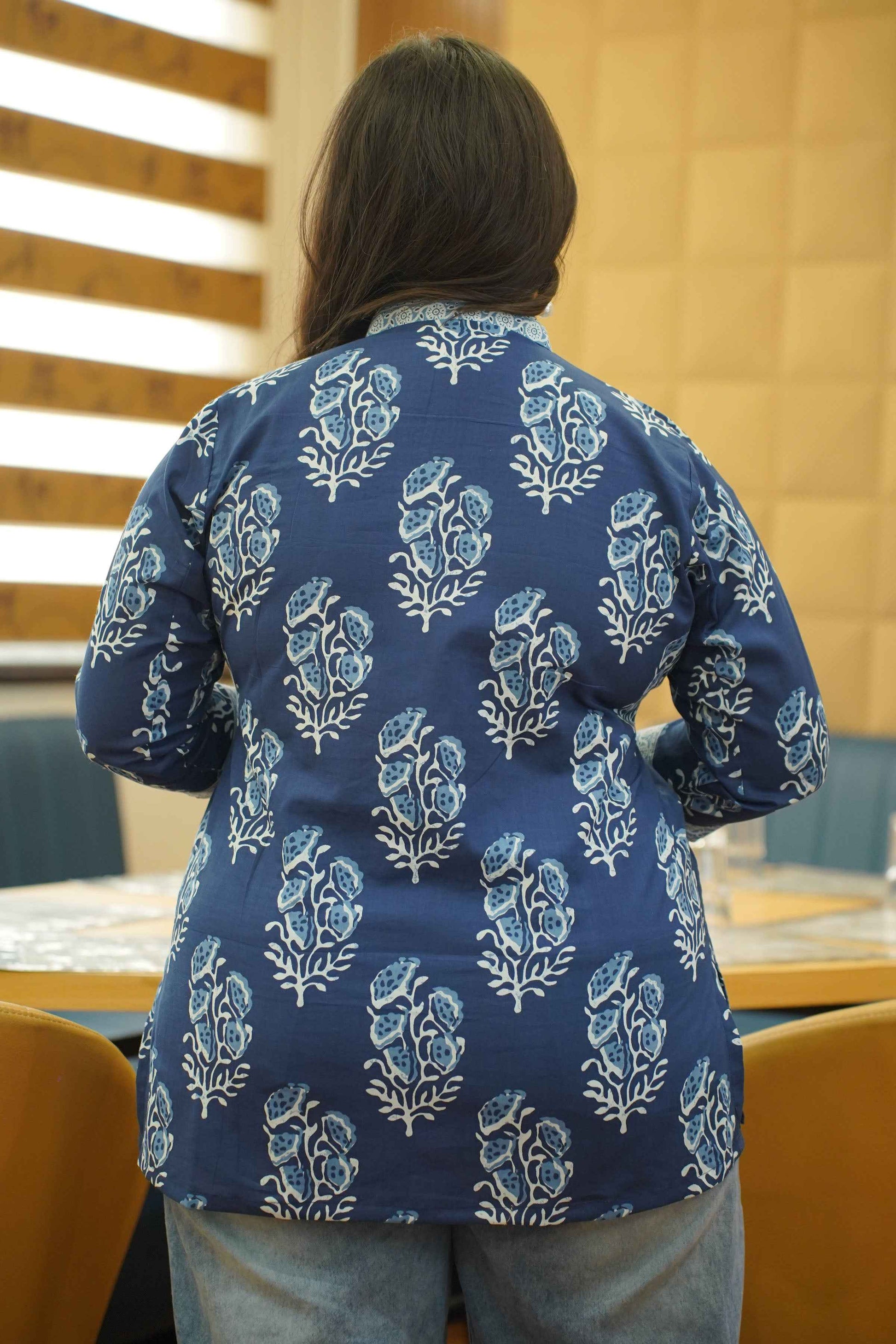 Indigo Block Printed Mandarin Cotton Top